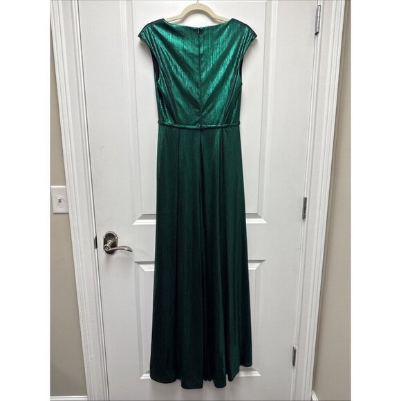 Mac Duggal Size 2 Green 27156 Cap Sleeve Deep V Neck High Slit Metallic Gown New - Picture 7 of 10